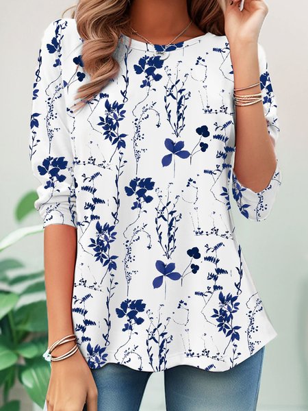 

Casual Floral Crew Neck Long Sleeve T-shirt, White-blue, T-shirts