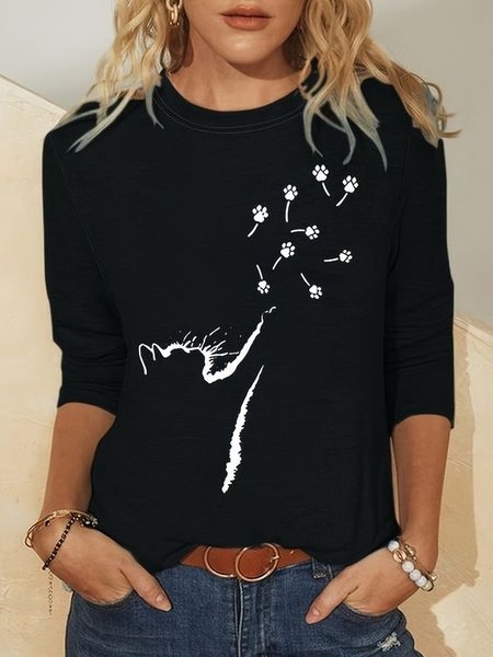 

Casual Cat Crew Neck Long Sleeve T-shirt, Black, T-shirts