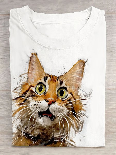 

Casual Cat Crew Neck Short Sleeve T-shirt, White, T-shirts