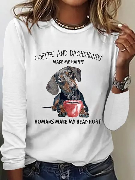

Casual Cat Crew Neck Long Sleeve T-shirt, White, T-shirts
