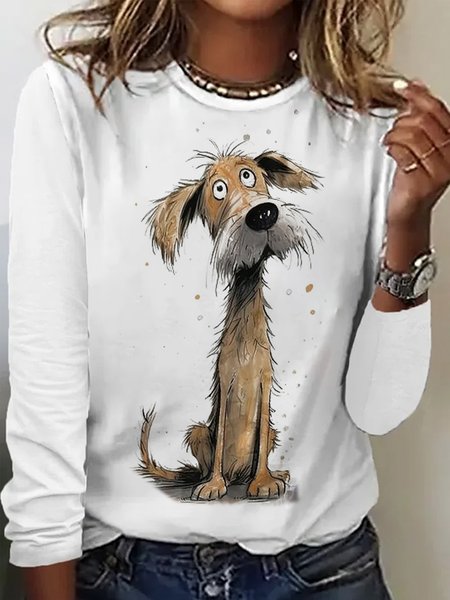 

Casual Dog Crew Neck Long Sleeve T-shirt, White, T-shirts