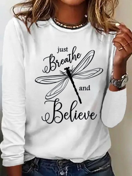 Text Letters Cotton Casual T-Shirt, White, Long sleeves