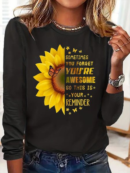 

Casual Text Letters Crew Neck Long Sleeve T-shirt, Black, T-shirts