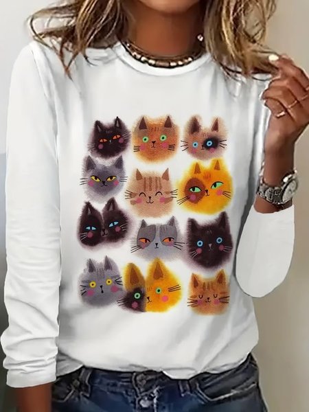 

Casual Cat Crew Neck Long Sleeve T-shirt, White, T-shirts