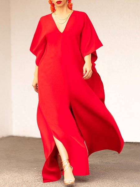 

Loose V Neck Plain Urban Pockets Dress, Red, Maxi Dresses