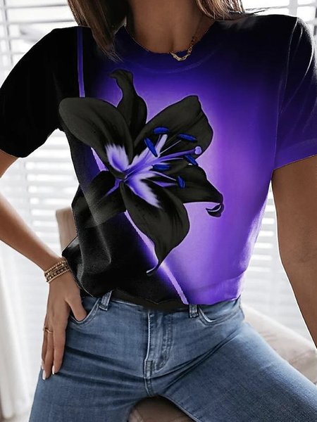 

Casual Floral Crew Neck Short Sleeve T-shirt, Color2, T-shirts