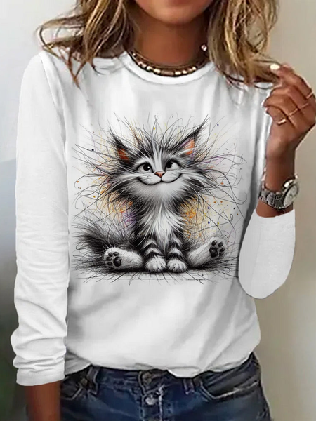 

Casual Cat Crew Neck Long Sleeve T-shirt, White, T-shirts