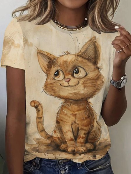 

Casual Cat Crew Neck Short Sleeve T-shirt, Khaki, T-shirts
