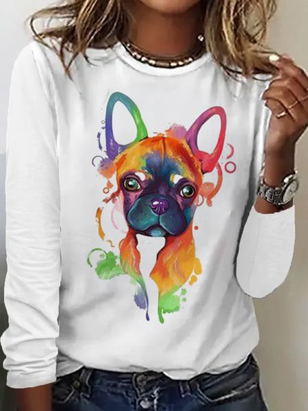 

Casual Dog Crew Neck Long Sleeve T-shirt, White, T-shirts