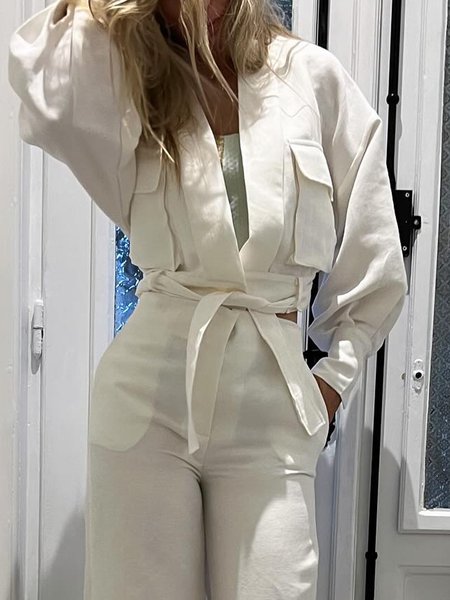 

Casual Balloon Sleeve Loose Plain Jacket With Belt, Beige, Jackets