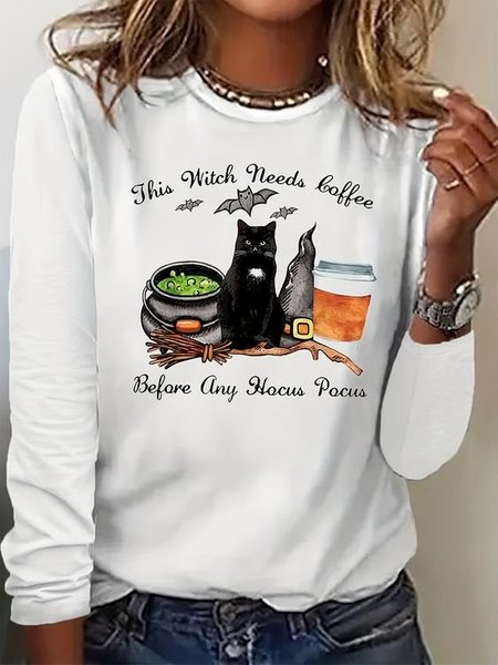 

Casual Cat Crew Neck Long Sleeve T-shirt, White, T-shirts