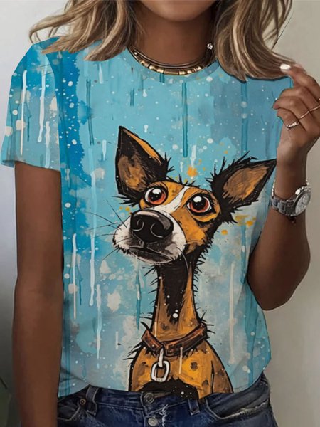 

Casual Dog Crew Neck Short Sleeve T-shirt, Blue, T-shirts