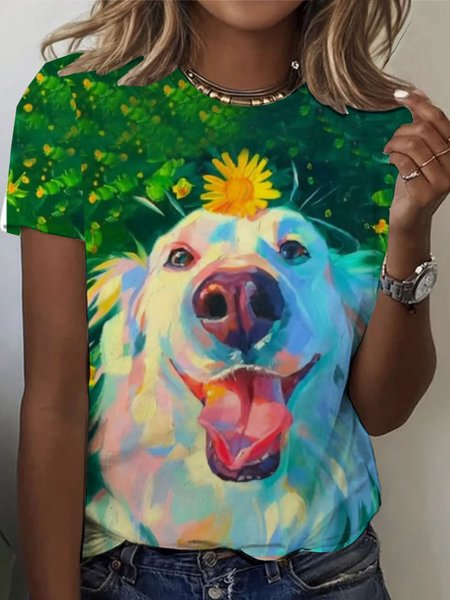 

Casual Dog Crew Neck Short Sleeve T-shirt, Green, T-shirts