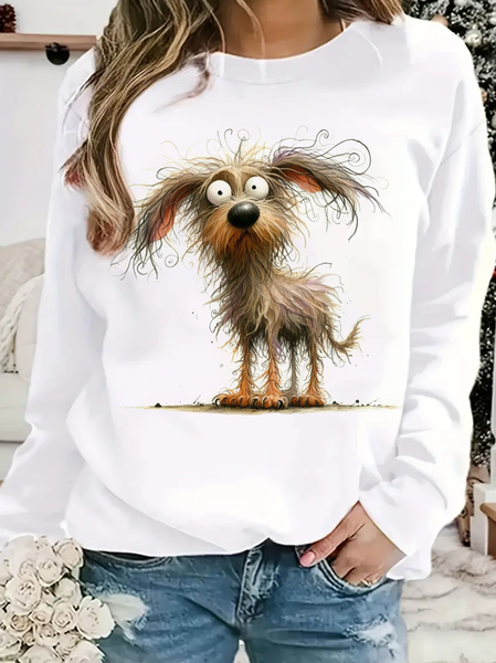 

Casual Crew Neck Dog Sweatshirt, White, T-shirts