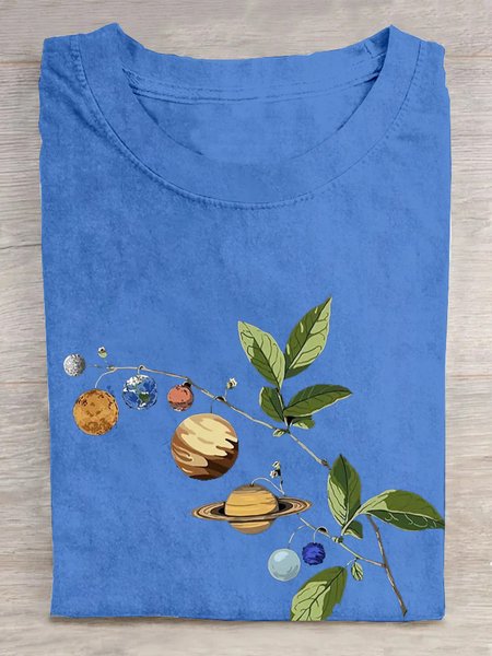 

Casual Leaf Planet Print Crew Neck Short Sleeve T-shirt, Blue, T-shirts
