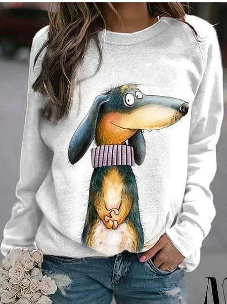 Casual Crew Neck Dog Sweatshirt, White, T-shirts