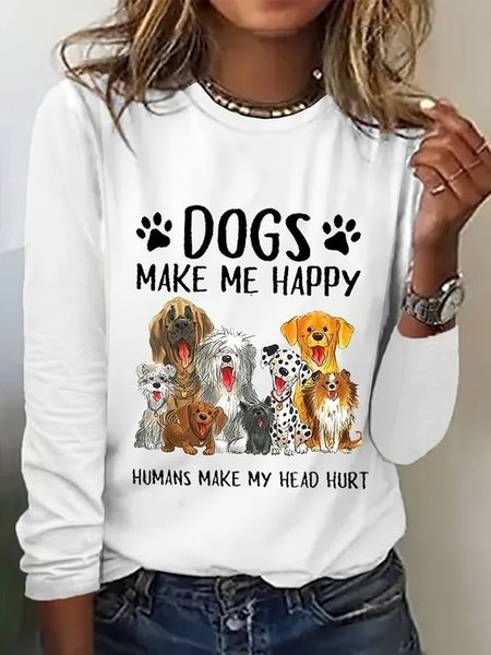Casual Text Letters Crew Neck Long Sleeve T-shirt, White, T-shirts