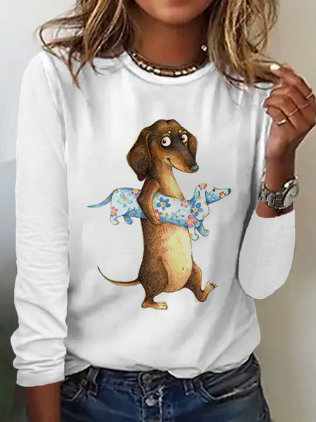 

Casual Dog Crew Neck Long Sleeve T-shirt, White, T-shirts