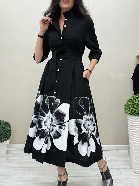 

Regular Fit Floral Stand Collar Elegant Shirt Dress With Belt, Black, Maxi Dresses