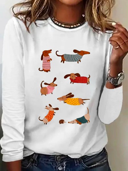 

Casual Dog Crew Neck Long Sleeve T-shirt, White, T-shirts
