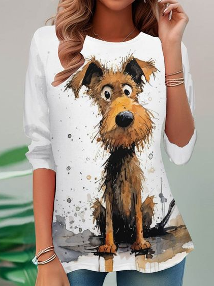 

Casual Dog Crew Neck Long Sleeve T-shirt, White, T-shirts