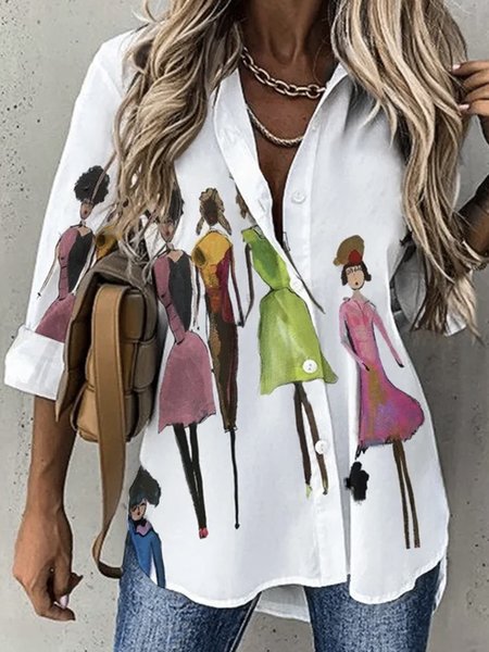 

Women's Long Sleeve Shirt Spring/Fall Abstract Shirt Collar Daily Going Out Casual Top White, Shirts