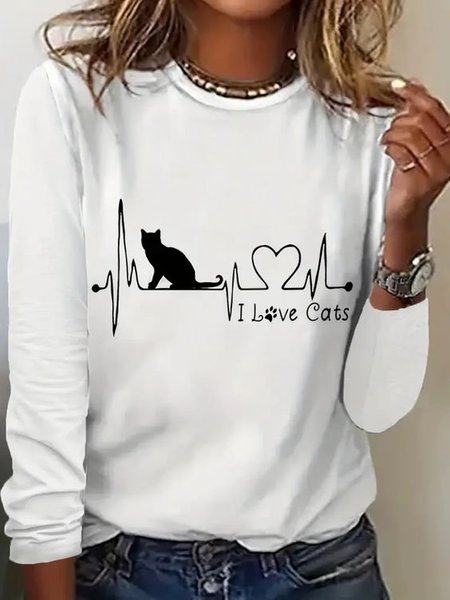 

Casual Cat Crew Neck Long Sleeve T-shirt, White, T-shirts