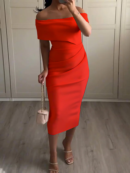 

Tight Medium Elasticity Elegant Plain Off Shoulder Sleeve Short Sleeve Asymmetric Midi Dress, Red, Midi Dresses