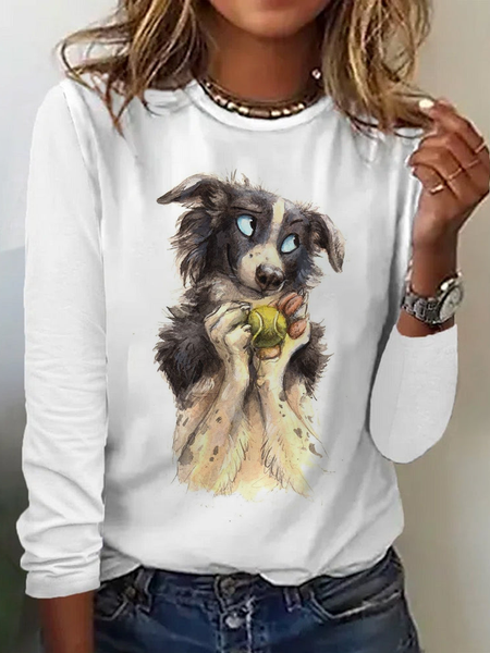 

Casual Dog Crew Neck Long Sleeve T-shirt, White, T-shirts