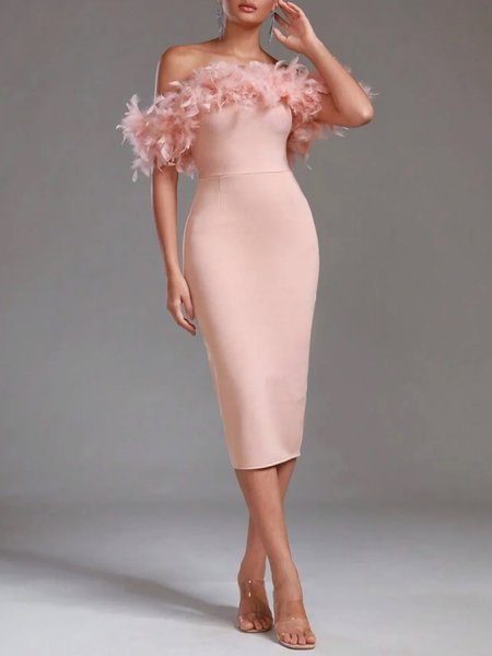 

Tight Elegant Cold Shoulder Party Dress, Nudepink, Midi Dresses