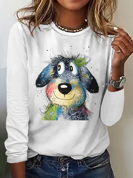 

Casual Dog Crew Neck Long Sleeve T-shirt, White, T-shirts