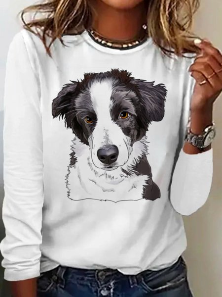 

Casual Dog Crew Neck Long Sleeve T-shirt, White, T-shirts