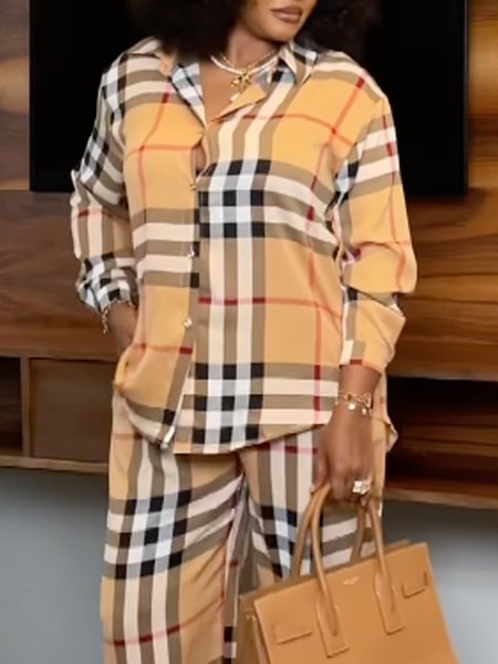 

Casual Long Sleeve Loose Shirt Collar Plaid Shirt, As picture, Blouses and Shirts