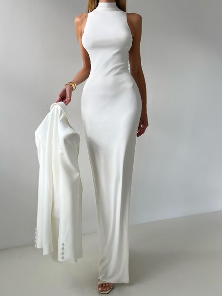 

Elegant Stand Collar Sleeveless Maxi Dress, White, Maxi Dresses