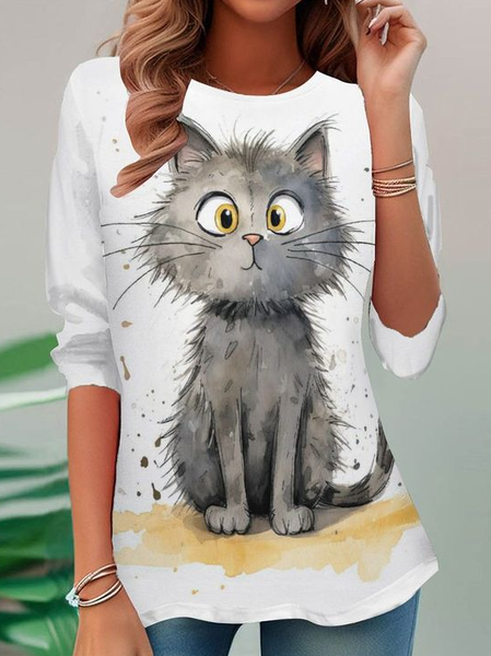 

Casual Cat Crew Neck Long Sleeve T-shirt, White, T-shirts