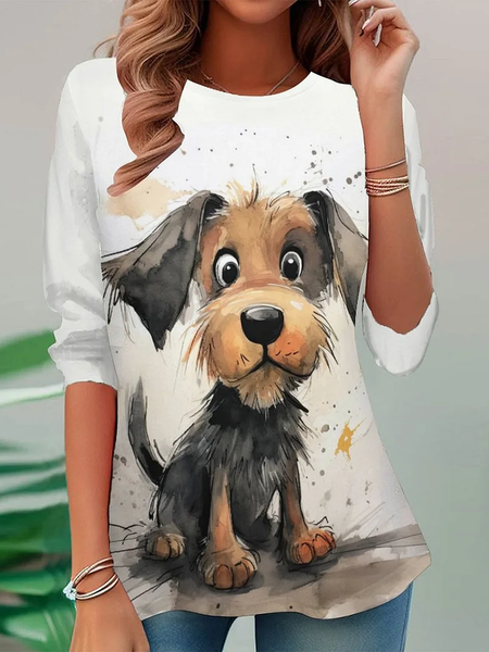 

Casual Dog Crew Neck Long Sleeve T-shirt, White, T-shirts