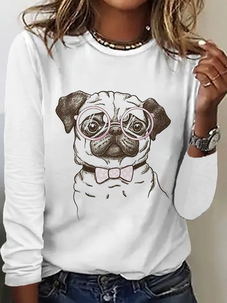 

Casual Dog Crew Neck Long Sleeve T-shirt, White, T-shirts