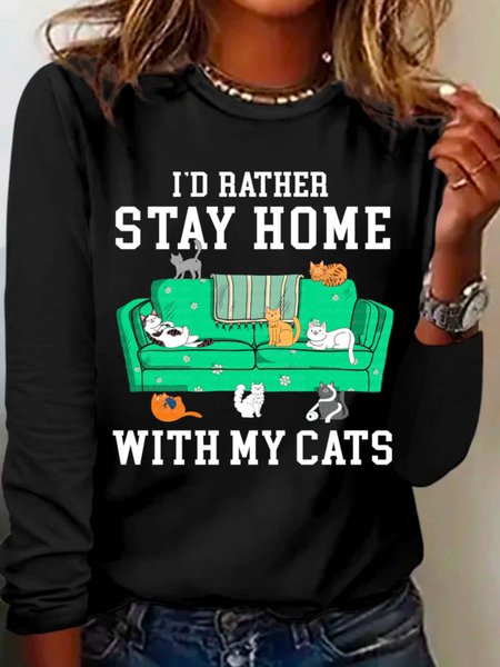 

Casual Cat Crew Neck Long Sleeve T-shirt, Black, T-shirts