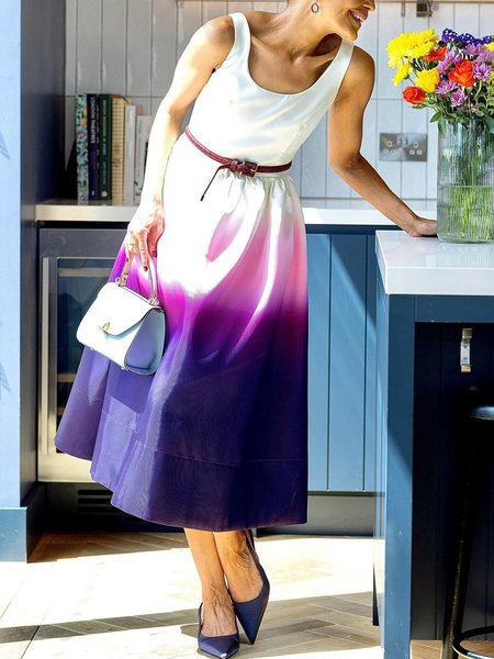 Elegant Pockets U-Neck Regular Fit Ombre Dress, Purple, Midi Dresses