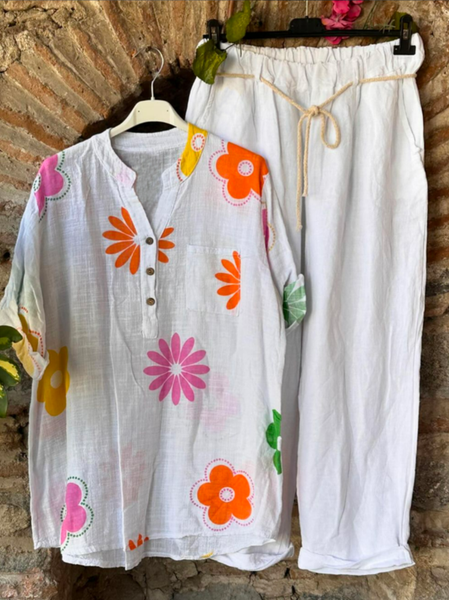 

Cotton Casual Two-Piece Set, White, Suits