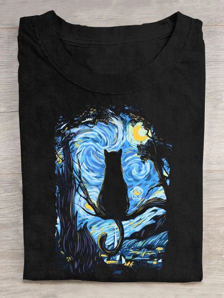 Art Landscape Printed Short Sleeve T-Shirt, Black, T-shirts