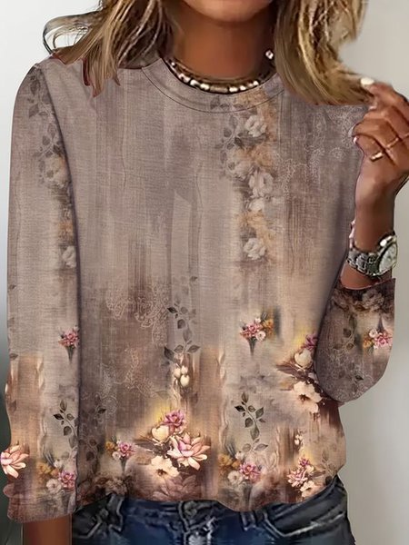 

Casual Floral Crew Neck Long Sleeve T-shirt, Coffee, T-shirts