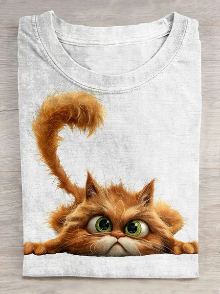 

Casual Cat Crew Neck Long Sleeve T-shirt, White, T-shirts