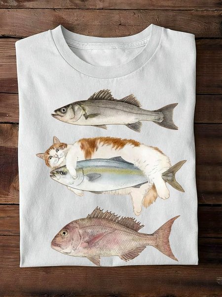

Casual Cat Crew Neck Long Sleeve T-shirt, White, T-shirts