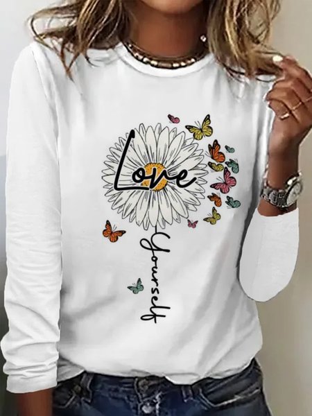 

Casual Floral Crew Neck Long Sleeve T-shirt, White, T-shirts