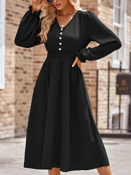 

Women's Plain Long Sleeve Spring/Fall Dress Crew Neck Daily Casual Midi H-Line Dress, Black, Dresses