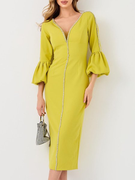 

Regular Fit V Neck Elegant Balloon Sleeve Plain Dress, Yellow, Midi Dresses