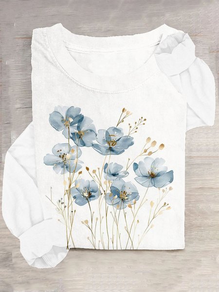 

Casual Floral Crew Neck Long Sleeve T-shirt, White, T-shirts