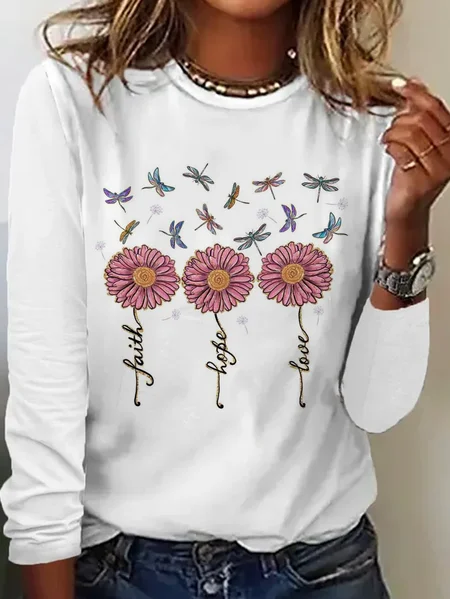 

Casual Floral Crew Neck Long Sleeve T-shirt, White, T-shirts