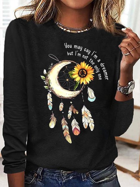 

Casual Floral Crew Neck Long Sleeve T-shirt, Black, T-shirts